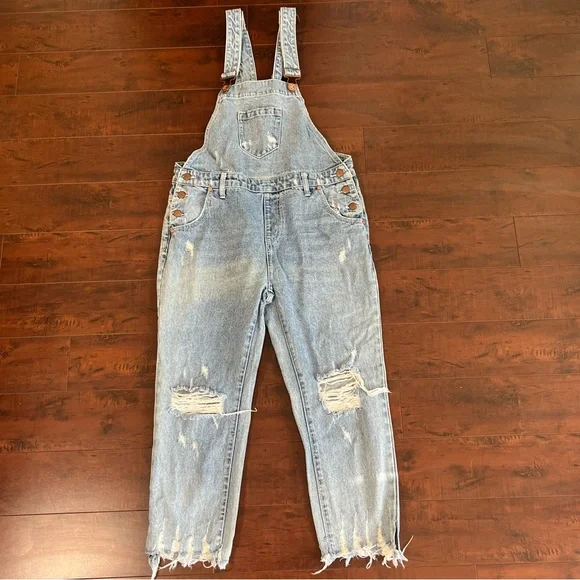 ONE TEASPOON Revolve Denim Overalls Distressed Cropped Ankle Blue Jean Size 28 - Picture 2 of 11